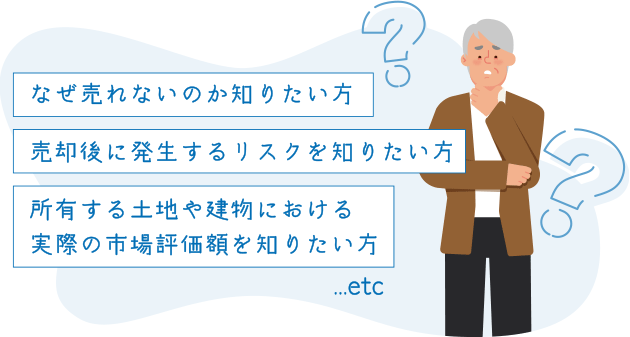 査定額に納得がいかない、売れない原因を知りたい、現状の販売戦略が適切か確認したい、所有する土地や建物の資産価値を知りたい